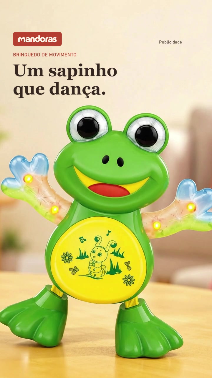 Sapinho verde com barriga amarela e braços transparentes no Reel da Mandoras