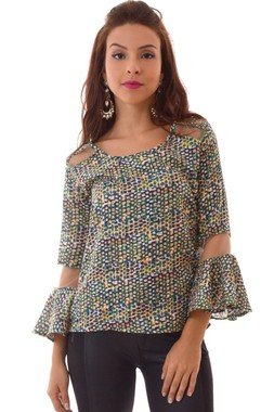 Blusa Estampada com Detalhes em Tule - MANDORAS