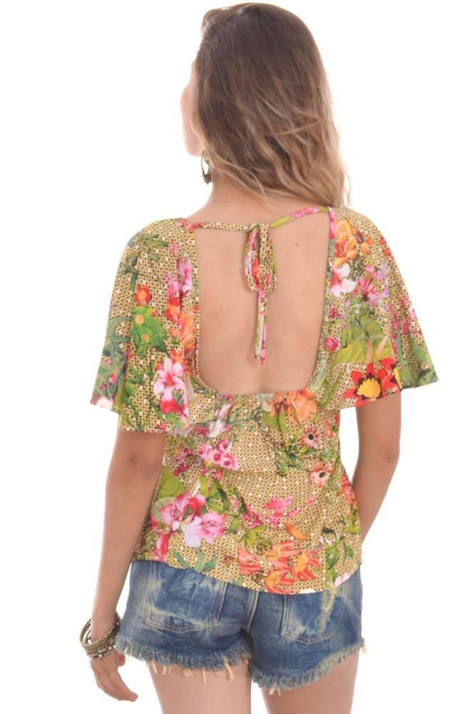 Blusa Floral com Decote Quadrado - MANDORAS